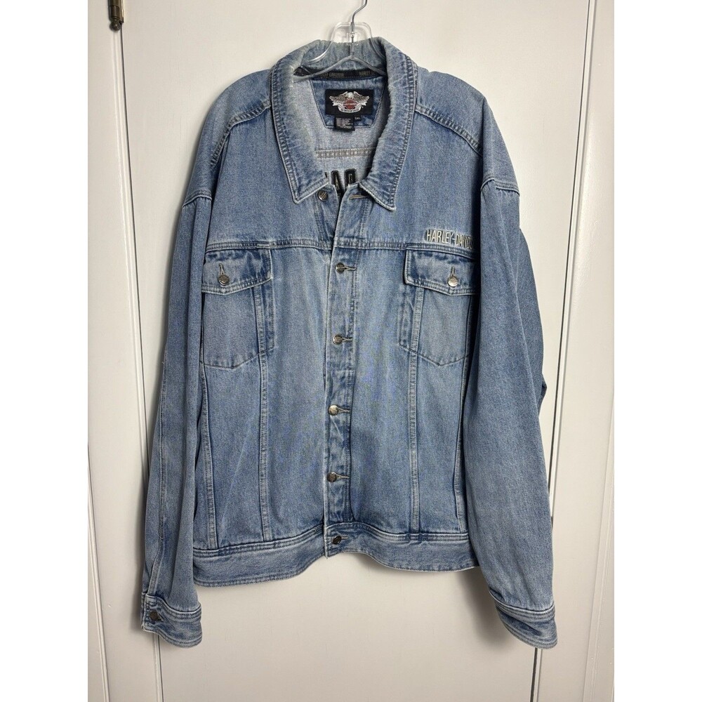 Vintage Harley Davidson Motorcycle Denim Jean Biker Jacket Men's 5XL Logo Patch - Picture 2 of 15
